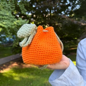 May include: A handmade crochet pouch in the shape of a pumpkin, with an orange body and green leaves. The drawstring bag is held in a person's hand against a blurred green background.