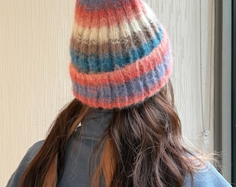 Hand Knit Striped Beanie Hat | Cozy Multicolor Wool Hat | Soft Winter Knit Cap | Unisex Slouchy Beanie | Handmade Gift