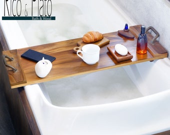 Caddie de bain en bois de pin avec poignées 'Luna' 88cm