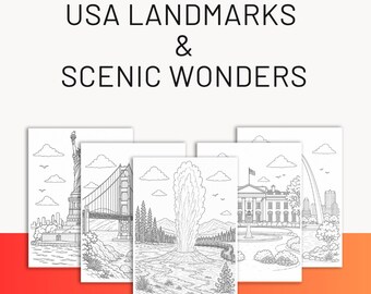 Målarbilder med amerikanska landmärken att skriva ut, målarbok med amerikanska resor i PDF-format, digital nedladdning av 30 berömda platser