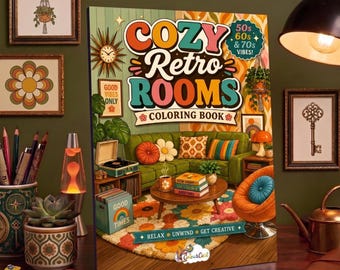 May include: A coloring book titled Cozy Retro Rooms with a cover illustration of a living room featuring a green sofa, a round rug with a floral pattern, a lava lamp, and the text 50s 60s & 70s VIBES! and RELAX UNWIND GET CREATIVE.
