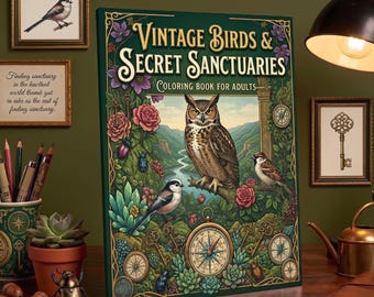 May include: A coloring book titled "Vintage Birds & Secret Sanctuaries" for adults, featuring an owl, songbirds, and floral elements. The cover art includes a compass, keys, and a scenic background with a river. Additional framed art and decorative items are visible.