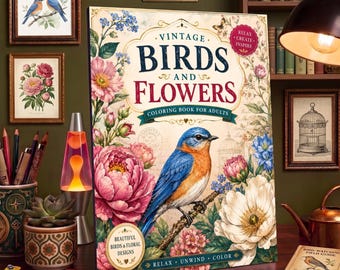 May include: A coloring book titled Vintage Birds and Flowers featuring a blue and orange bird perched on a branch surrounded by pink and white flowers. The cover includes text that reads Relax Create Inspire and Beautiful Birds and Floral Designs.