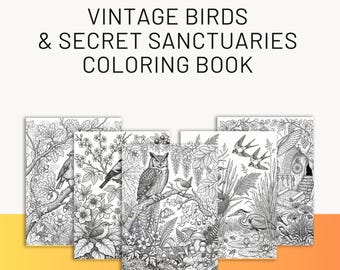 Målarbilder med vintagefåglar och hemliga reservater, utskrivbara i PDF-format | Fågelmålarbok för vuxna | Digital nedladdning av natur och trädgård