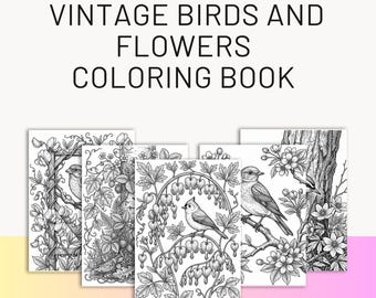 Utskrivbara målarbilder för vintagefåglar och blommor i PDF-format | Målarbilder för vuxna med fåglar | Digital nedladdning av målarbok med blommor