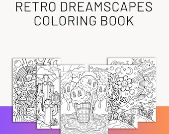 Utskrivbara målarbilder med retro drömlandskap i PDF-format | Fantasy-målarbok | Digital nedladdning av retroregnbåge och nyckfull natur