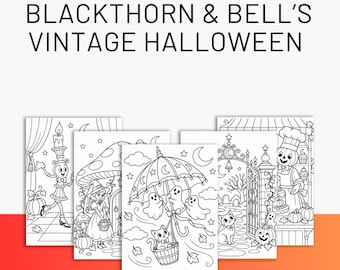 Utskrivbar vintage Halloween-målarbok, 30 djärva och enkla PDF-sidor för alla åldrar