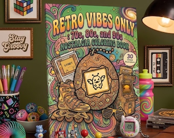 May include: A coloring book titled Retro Vibes Only: 70s, 80s, and 90s Nostalgia Coloring Book featuring illustrations of a handheld game, rollerblade, and arcade machine. The cover has a colorful, swirling background with 30 unique illustrations.