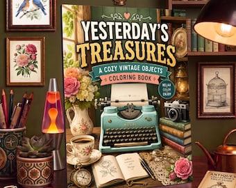 Målarbok med vintageföremål för vuxna | Mysig vintagemålarbok | Tryckt målarbok för vuxna | Nostalgisk present till vintageälskare