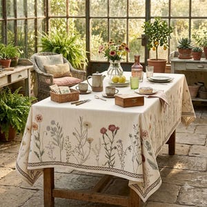 Könnte beinhalten: Eine rechteckige Tischdecke mit cremefarbener Basis, die ein gedrucktes botanisches Muster aus Wildblumen in gedeckten Rot-, Rosa- und Grüntönen entlang der Ränder aufweist, abgeschlossen mit einem geometrischen Bordürendesign auf einem Holztisch.