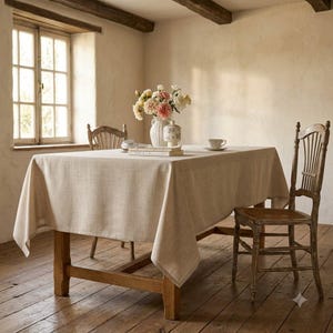 Könnte beinhalten: Eine rechteckige, beige Tischdecke aus Leinen auf einem hölzernen Esstisch. Auf dem Tisch steht eine weiße Keramikvase mit einem Strauß aus rosa und weißen Blumen, ein kleines weißes Gefäß mit Deckel, ein Stapel Bücher und eine Teetasse.