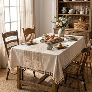 May include: A rectangular beige tablecloth featuring a central vertical panel of intricate cream-coloured crochet lace and decorative tassels along the edges. The fabric has a textured appearance and is draped over a wooden dining table.