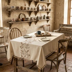 May include: A rectangular beige tablecloth with a central brown embroidered vine pattern and fringe trim along the edges. The tablecloth is draped over a wooden table set with a wooden tray, two ceramic cups, and two plates with cutlery.