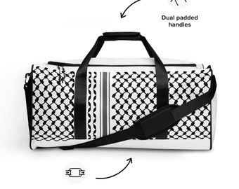 May include: White travel duffel bag with a black and white patterned design. The bag has dual padded handles and an adjustable and removable shoulder strap.
