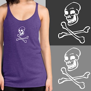 Women&#39;s Laughing Skull Racerback Tank | Womans Joly Roger Tank Top | Female Skull & Crossbones Sleeveless Shirt