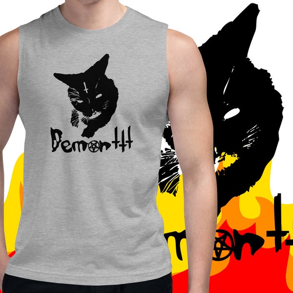 Bad Kitty Muscle Shirt | Demon Cat Tank Top | Evi Themed Cat Sleeveless Shirt | Edgy Halloween Design