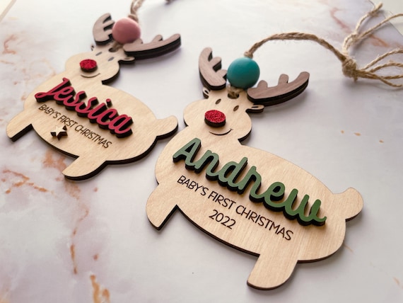 Personalized Baby's First Christmas Reindeer Ornament: Maple & Walnut Wood