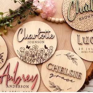 3D Custom Baby Name Round | Wooden Baby Birth Announcement | Custom Baby Name Sign | Hospital Name ,Photo Prop & Baby Shower Gift w/ message