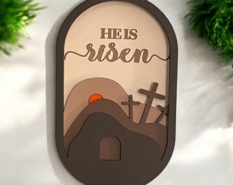 He Is Risen Wooden, Traditional  Easter Tomb Decoration