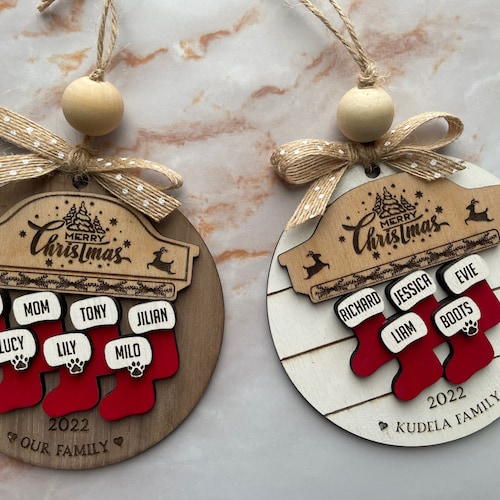 Custom Wooden Family Christmas Ornament 2026| 3dLaser Cut Personalized Christmas Ornament Family Name 1-10 | Christmas Stocking Ornament|