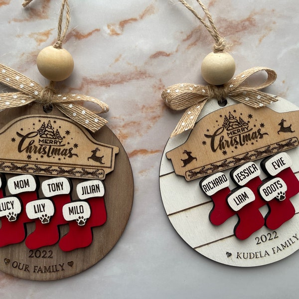 Custom Wooden Family Christmas Ornament 2025| 3dLaser Cut Personalized Christmas Ornament Family Name 1-10 | Christmas Stocking Ornament|