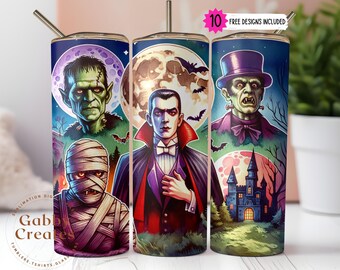 Może przedstawiać: Zestaw trzech 20-uncjowych kubków ze stali nierdzewnej w stylu Halloween. Kubki przedstawiają obrazy Frankensteina, Draculi i mumii. Każdy kubek ma inny kolor tła i zawiera kolorową ilustrację.