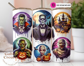 Może przedstawiać: Zestaw trzech 20 uncjowych kubków ze stali nierdzewnej z białym tłem i kolorowymi wzorami o tematyce Halloween. Wzory przedstawiają wampira, Frankensteina, wilkołaka, mumię i nawiedzony dom. Tekst "10 FREE DESIGNS INCLUDED" jest widoczny w prawym górnym rogu obrazu.