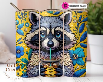 Floral Raccoon 20oz Skinny Tumbler Sublimation Design, Feral Raccoon Digital Download PNG
