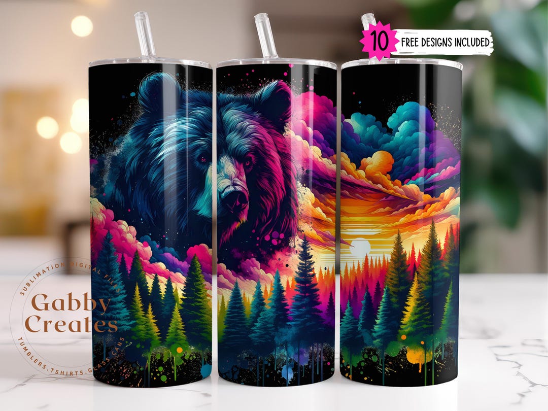 Watercolor Grizzly Bear Tumbler Wrap PNG, Forest Black Bear 20 Oz ...
