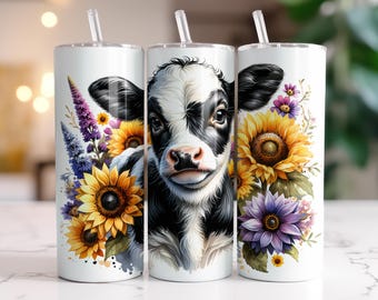 Sunflower Cow Tumbler Wrap: 20 oz Skinny Sublimation Design PNG Digital Download