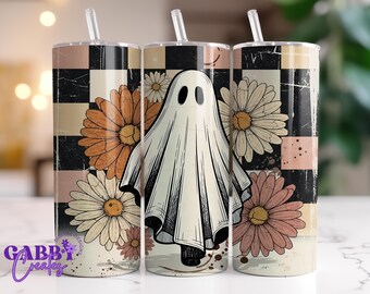 Retro Floral Ghost Tumbler Wrap PNG, Fall Halloween Sublimation Design Digital PNG