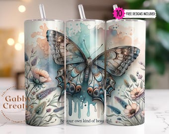 Butterfly Tumbler Wrap PNG: Floral Sublimation Design PNG Digital Download