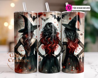 Envoltura de vaso de bruja PNG: Diseño de sublimación para vaso delgado de Halloween de 20 oz (descarga digital)