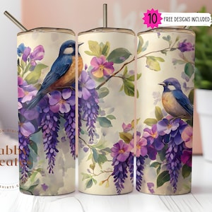 Floral Bird Tumbler Wrap PNG, Watercolor Flower 20oz Skinny Tumbler Sublimation Design Digital Download PNG, Vintage Bird Sublimation Design