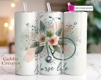 Floral Nurse Life Tumbler Wrap: 20oz Skinny Tumbler Sublimation Design PNG Digital Download