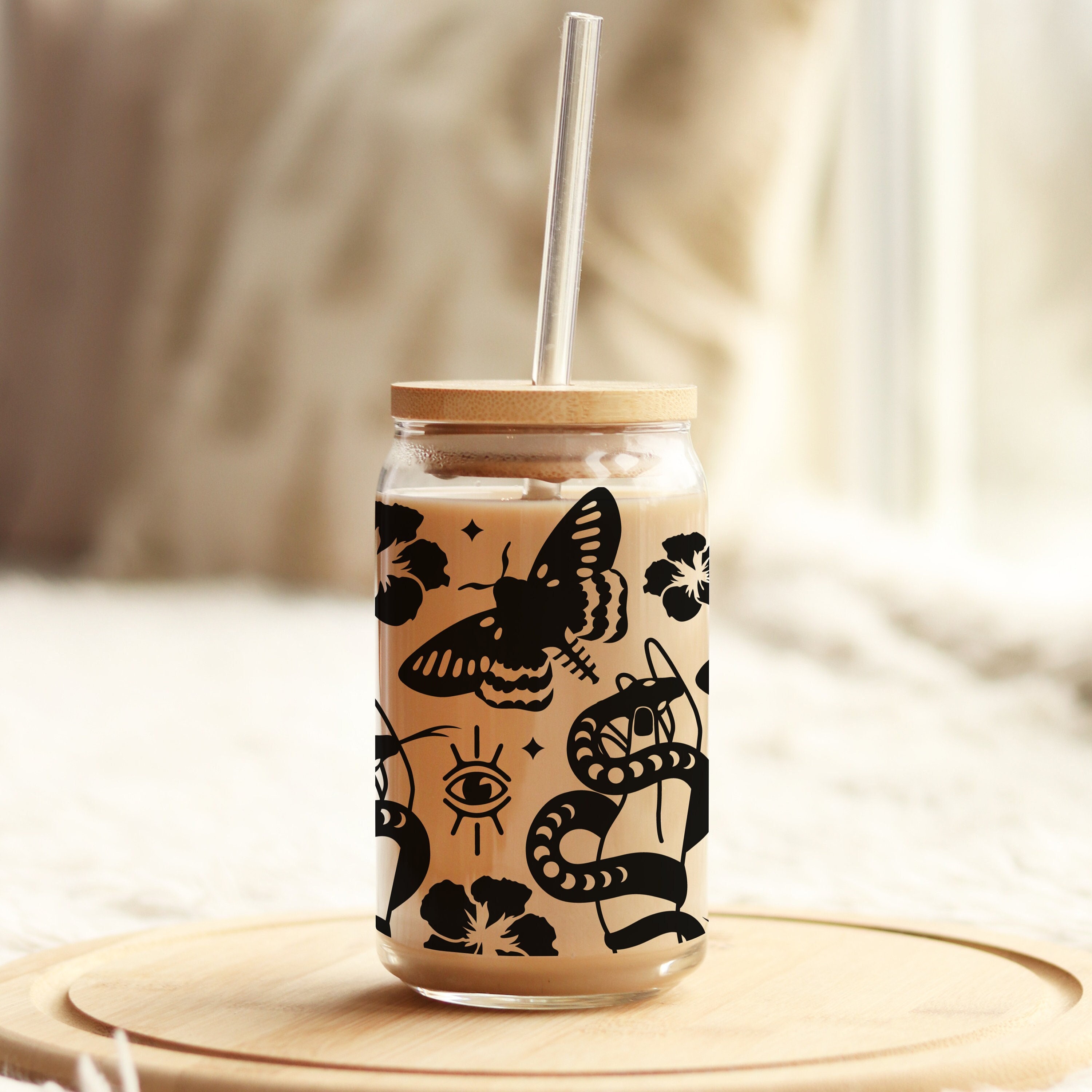 Butterfly Iced Coffee Cup With Lid & Straw Aesthetic Glass Beer Can Glass  Coffee Glass Cup With Bamboo Lid and Straw 