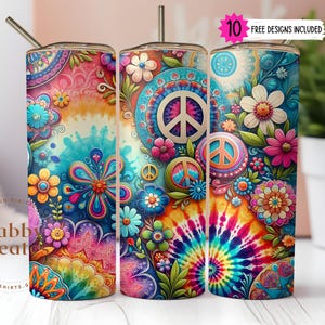 Tie Dye Peace Flowers Tumbler Wrap: Boho Hippie Design 20oz Skinny Tumbler Digital PNG