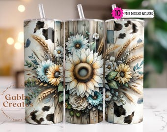 Sunflower Cow Print Tumbler Wrap: Rustic Boho PNG Design Digital Download