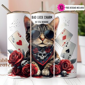 Divertente tumbler con gatto PNG, carte da gioco con gatto da 20 once, design per tumbler a sublimazione sottile PNG, portafortuna ma comunque vincente, download digitale