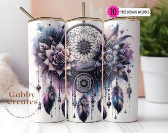 Boho Floral Dreamcatcher 20oz Tumbler Wrap PNG (Digital Download)