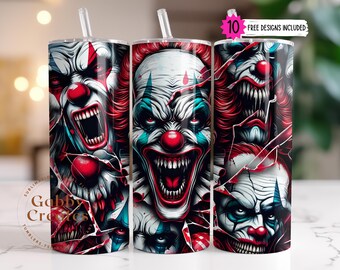 Creepy Clown Tumbler Wrap PNG: Halloween 20oz Skinny Sublimation Design Clown Gesichter Digitaler Download