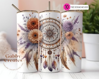 Boho Dreamcatcher Tumbler Wrap: Floral Feathers PNG (Digital Download)