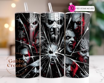 Halloween Horror Characters Tumbler Wrap PNG: 20oz Skinny Sublimation Design