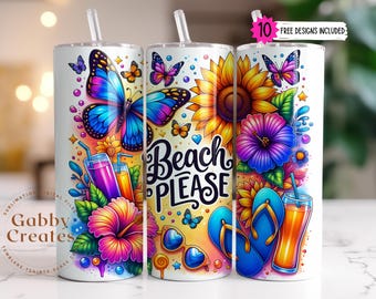 Beach Tumbler Wrap PNG, Summer Floral Sublimation Design Digital Download, Vacation PNG