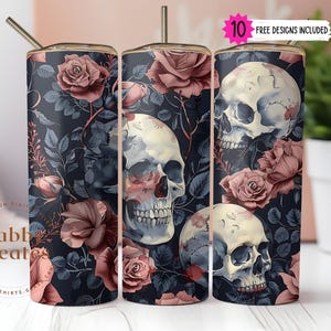 Gothic Skull & Roses Tumbler Wrap: 20oz Skinny Sublimation Design PNG Digital Download
