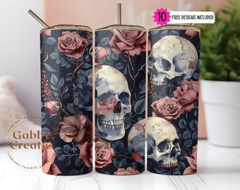 Gothic Skull & Roses Tumbler Wrap: 20oz Skinny Sublimation Design PNG Digital Download