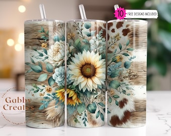 Sunflower Cow Print Tumbler Wrap: Rustic Floral Sublimation Design PNG Digital Download