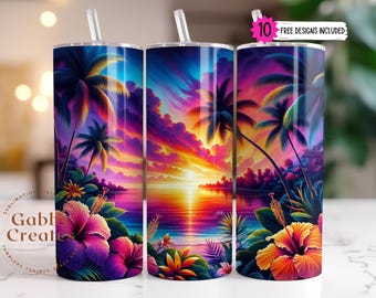 Tropical Sunset Tumbler Wrap: Beach Sublimation Design (PNG Digital Download)