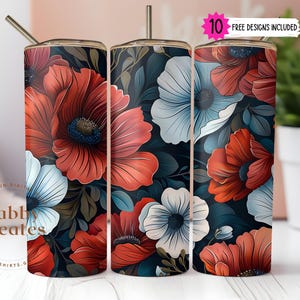 Floral Tumbler Wrap: Red White Poppy Design Digital Download PNG