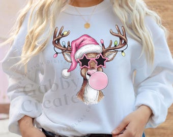 Reno navideño rosa PNG, diseño para sublimación de camisetas navideñas (descarga digital)